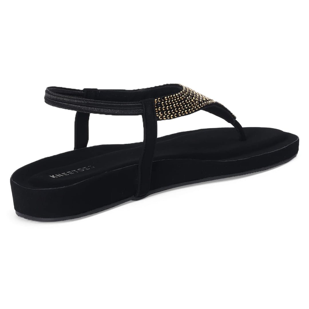 Rhinestone Embellished Black Thong Sandals