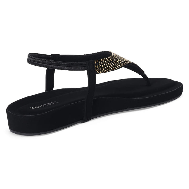 Rhinestone Embellished Black Thong Sandals