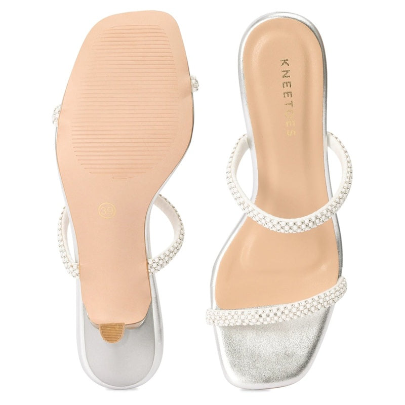 Silver Kitten Heel Square-Toe Sandals