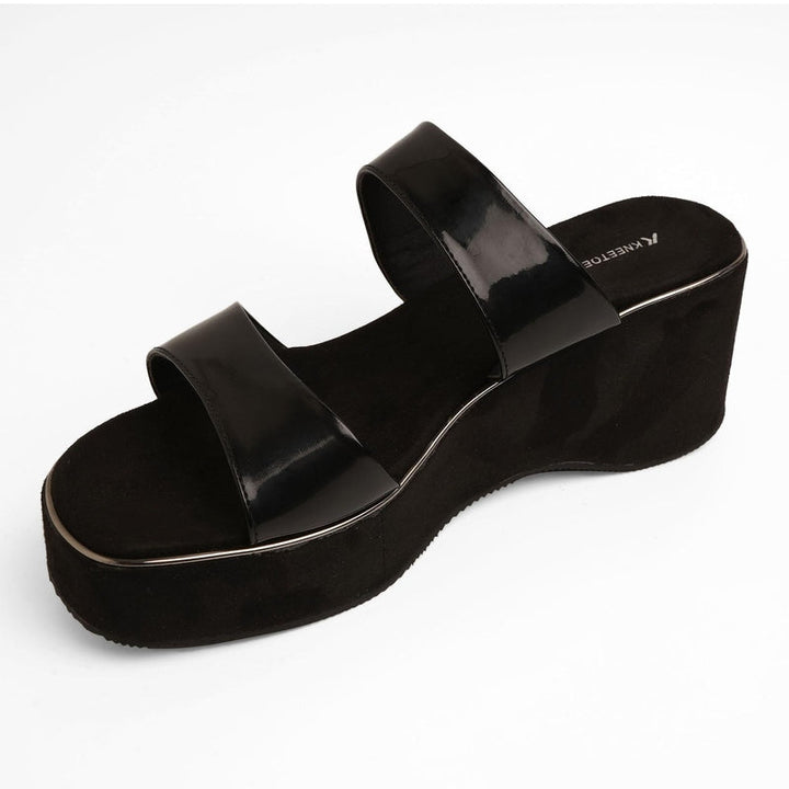 Shiny-Pop Black Open-Toe Wedge Heels