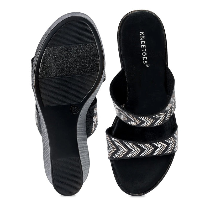 Noir Luxe Shimmer Pattern Wedge Sandals