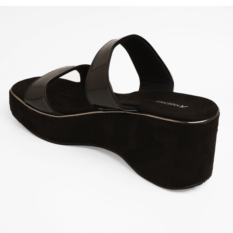 Shiny-Pop Black Open-Toe Wedge Heels