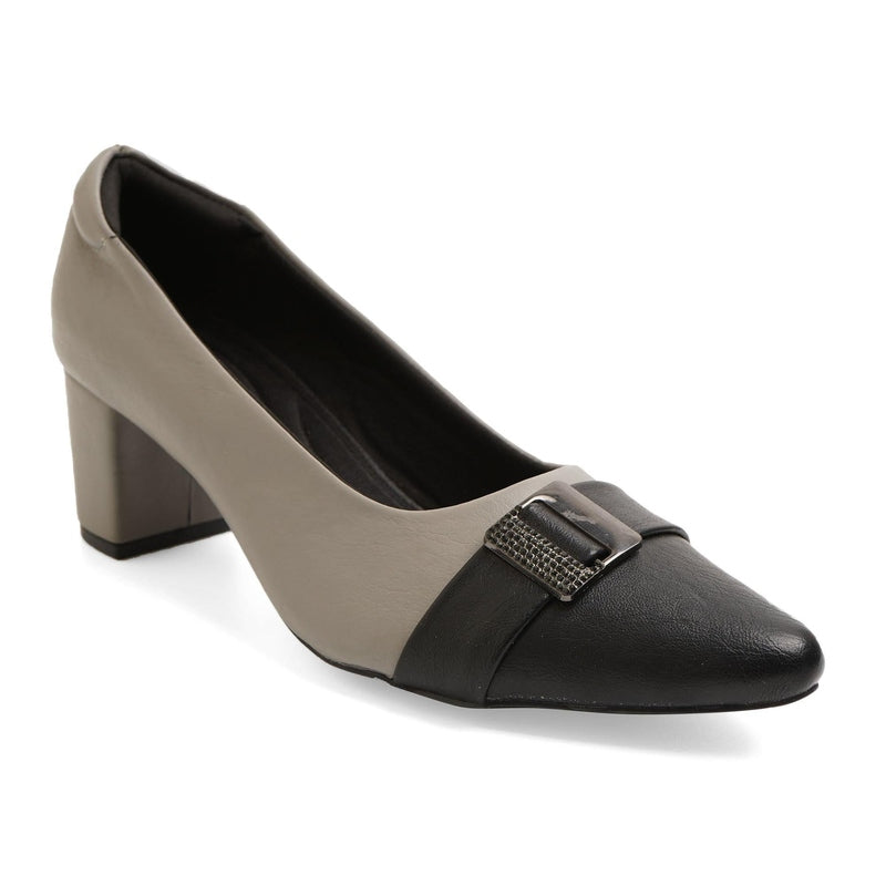 Two-tone Grey Buckled Block Pumps