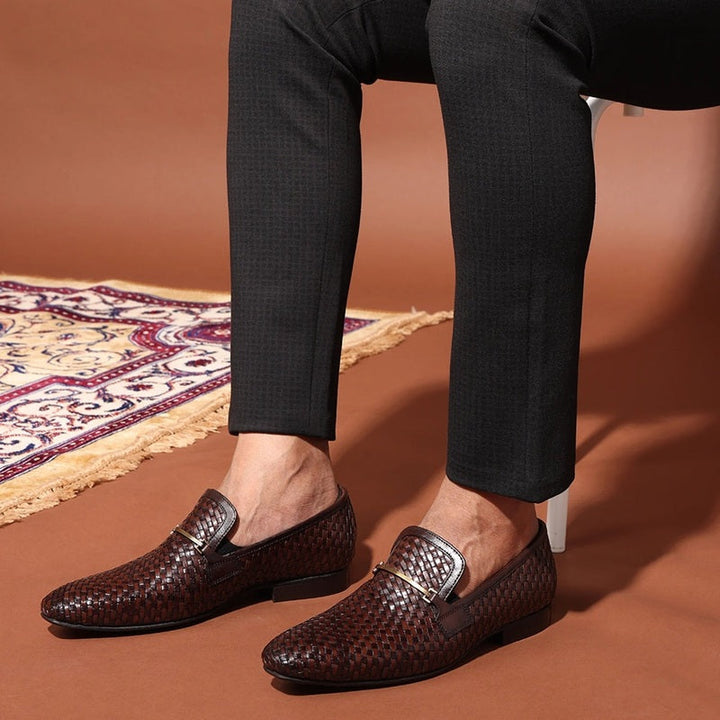 Luxe Brown Braided Leather Slip-Ons