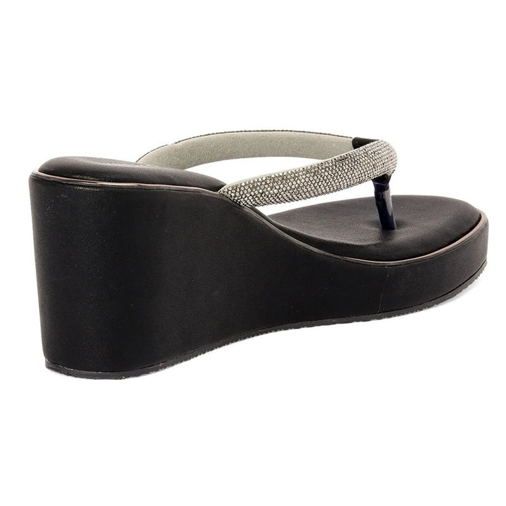 Embellished Black Wedge Heel Thong Sandals