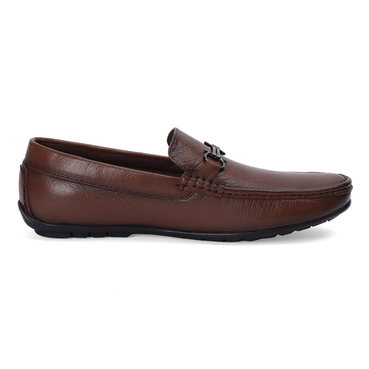 Tan Leather Loafers with Buckle Accent