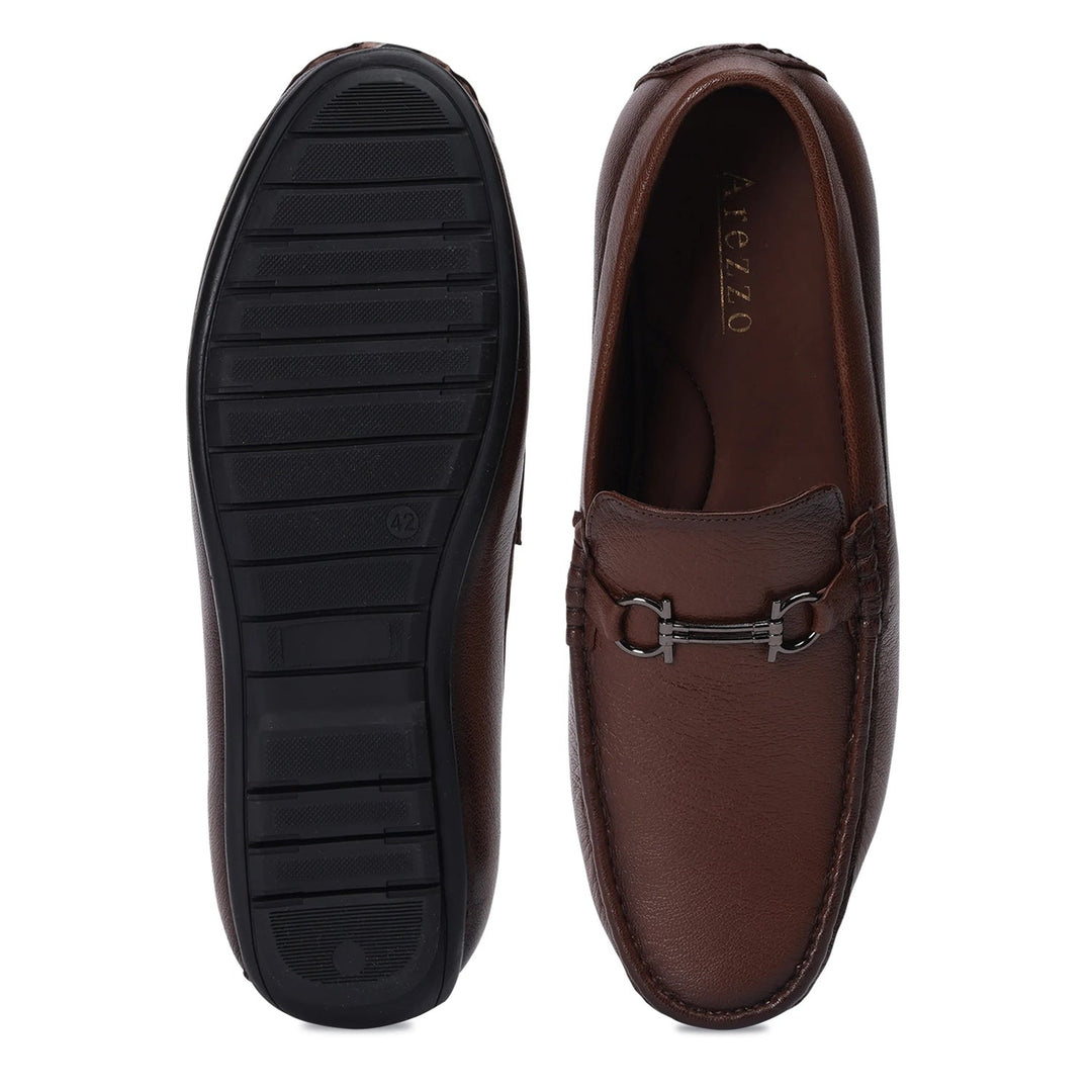 Tan Leather Loafers with Buckle Accent