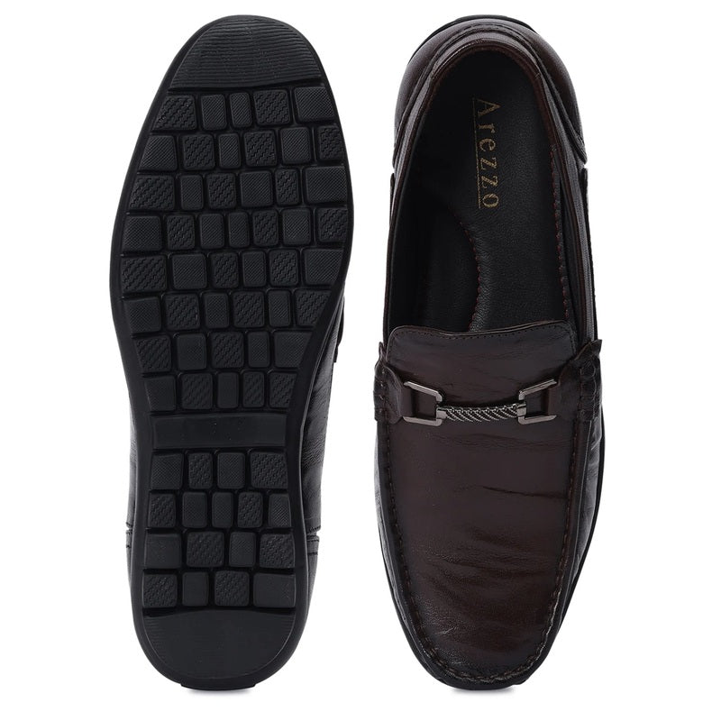 Dark Brown Leather Loafers with Buckle Accent