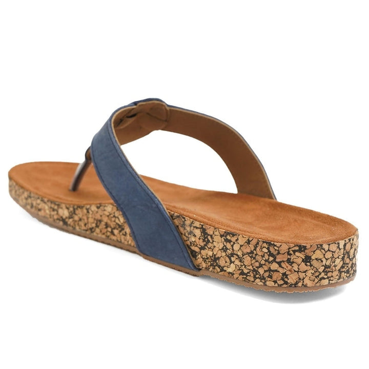 Blue Color-Block Leather Casual T-Strap Sandals