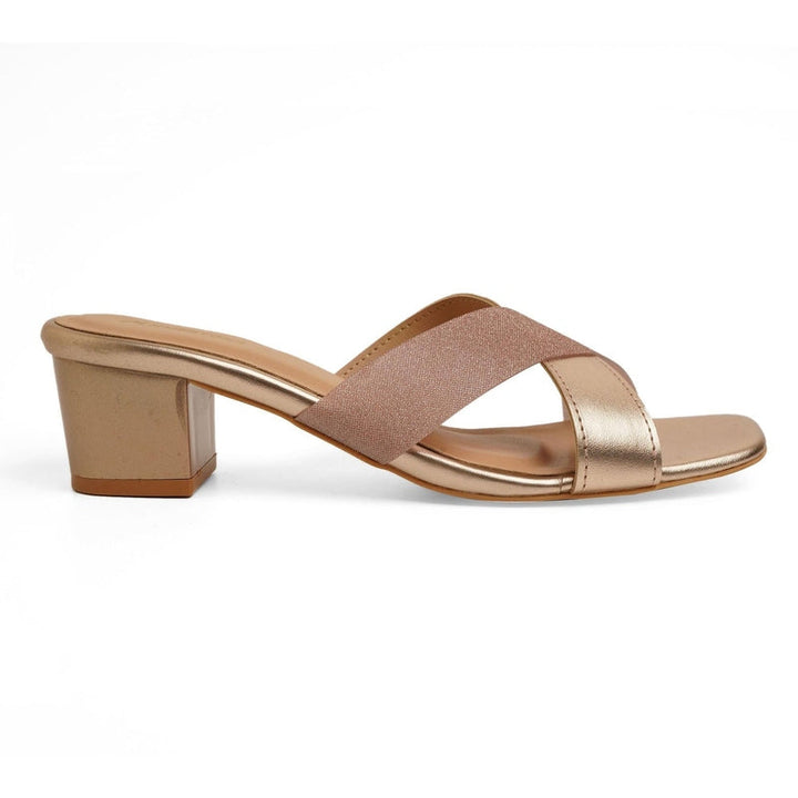 Rose-Gold Shimmer Criss-Cross Block Sandals