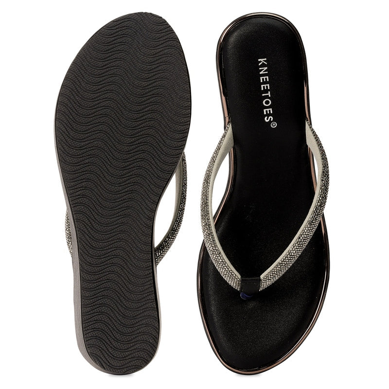 Embellished Black Wedge Heel Thong Sandals