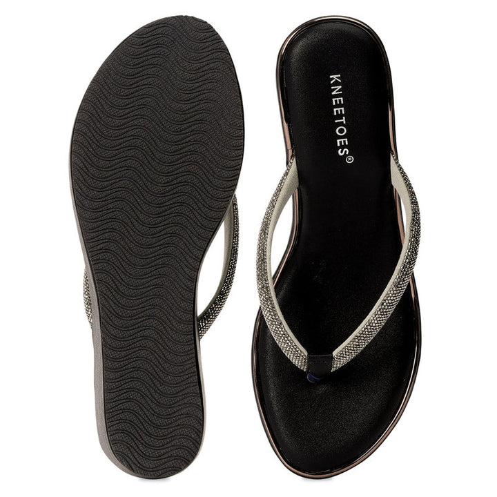 Embellished Black Wedge Heel Thong Sandals