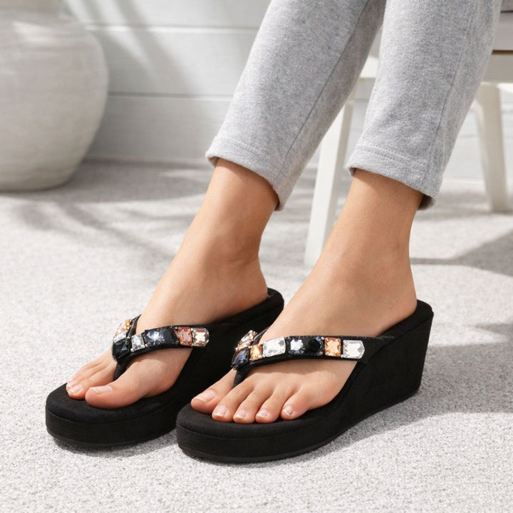 Crystelle - Black Thong Wedges