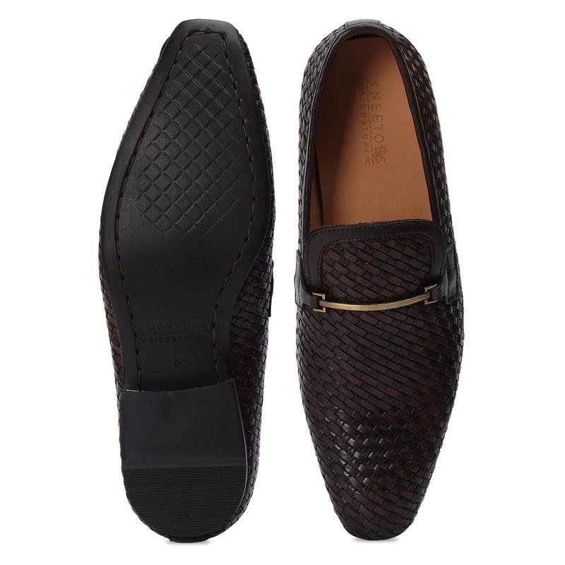Luxe Brown Braided Leather Slip-Ons