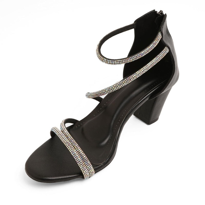 Sparkly Black Block Heel Party Sandals