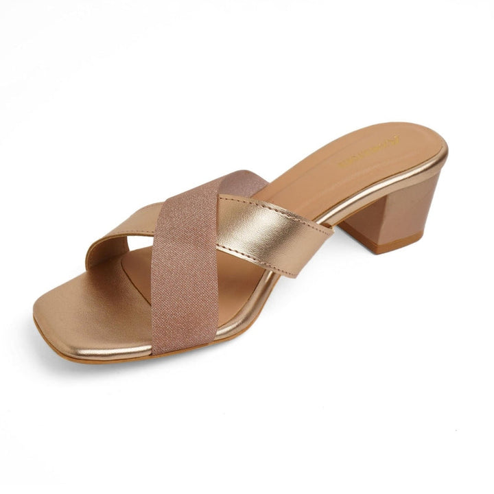Rose-Gold Shimmer Criss-Cross Block Sandals
