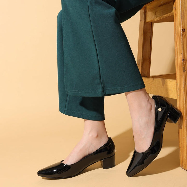 Radiant Black Solid Block Heel Pumps
