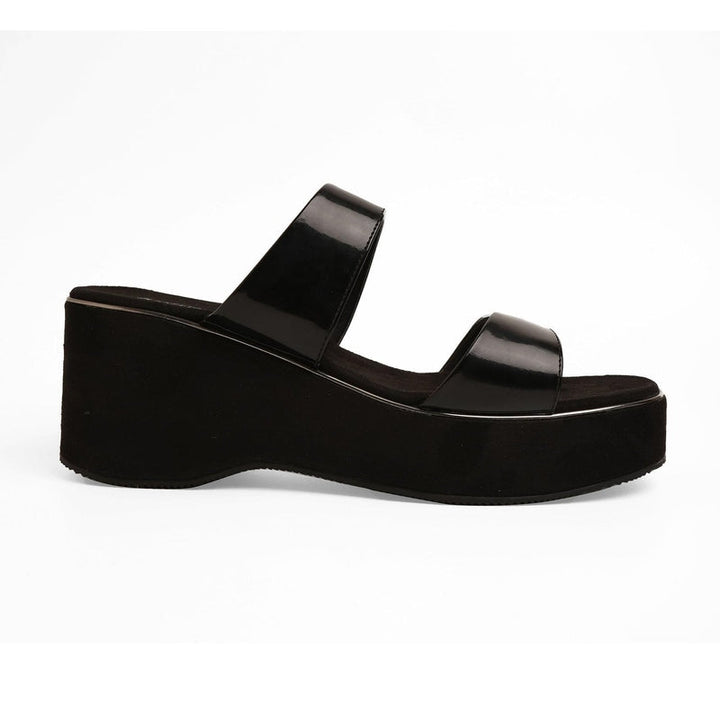 Shiny-Pop Black Open-Toe Wedge Heels
