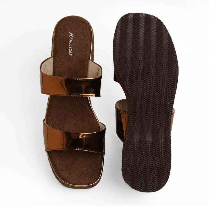 Shiny-Pop Bronze Open-Toe Wedge Heels