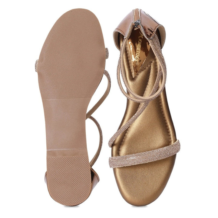 Embellished Bronze Flat Open-Toe Sandals