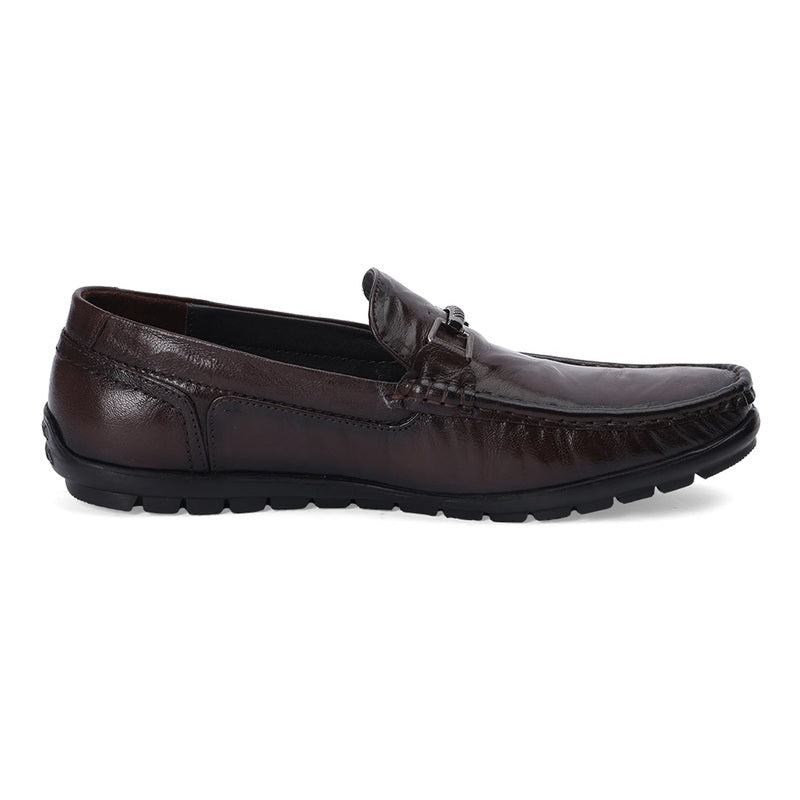 Dark Brown Leather Loafers with Buckle Accent
