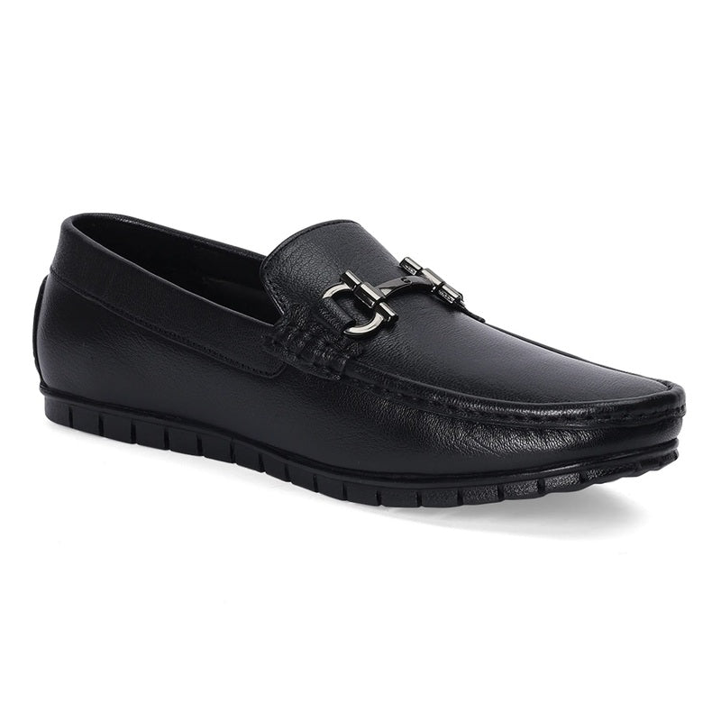 Black Leather Loafers with Buckle Accent