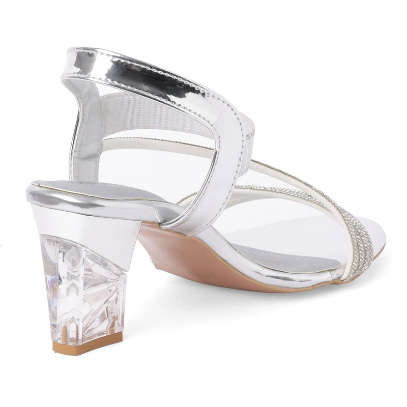 Sparkly Silver Block Heel Party Sandals