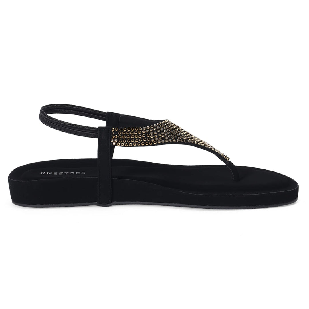 Rhinestone Embellished Black Thong Sandals