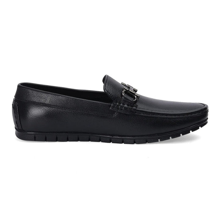 Black Leather Loafers with Buckle Accent