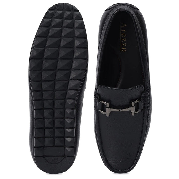Black Leather Loafers with Buckle Accent