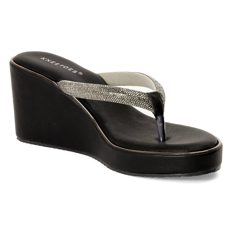 Embellished Black Wedge Heel Thong Sandals