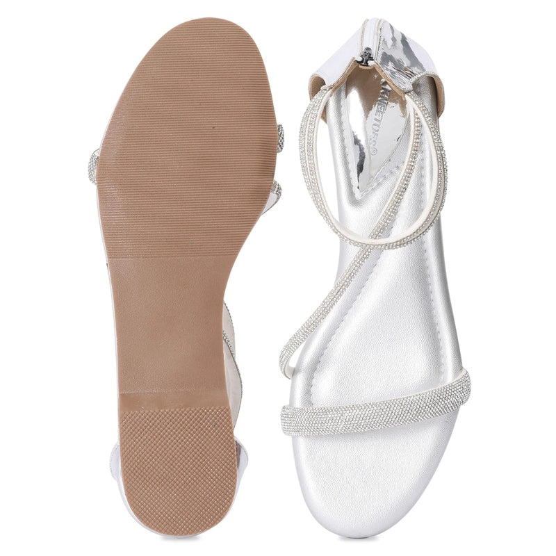 Embellished Silver Flat Open-Toe Sandals